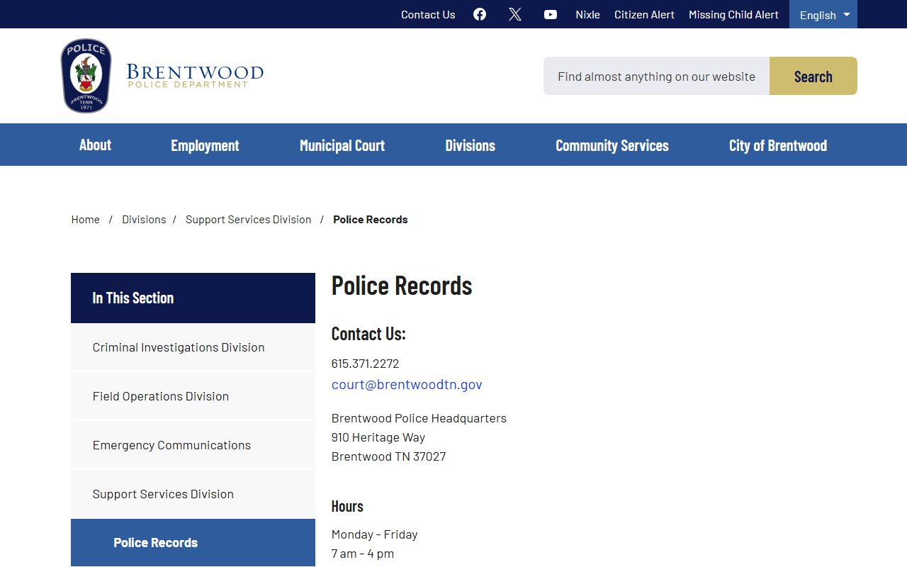 Brentwood Criminal History police records division