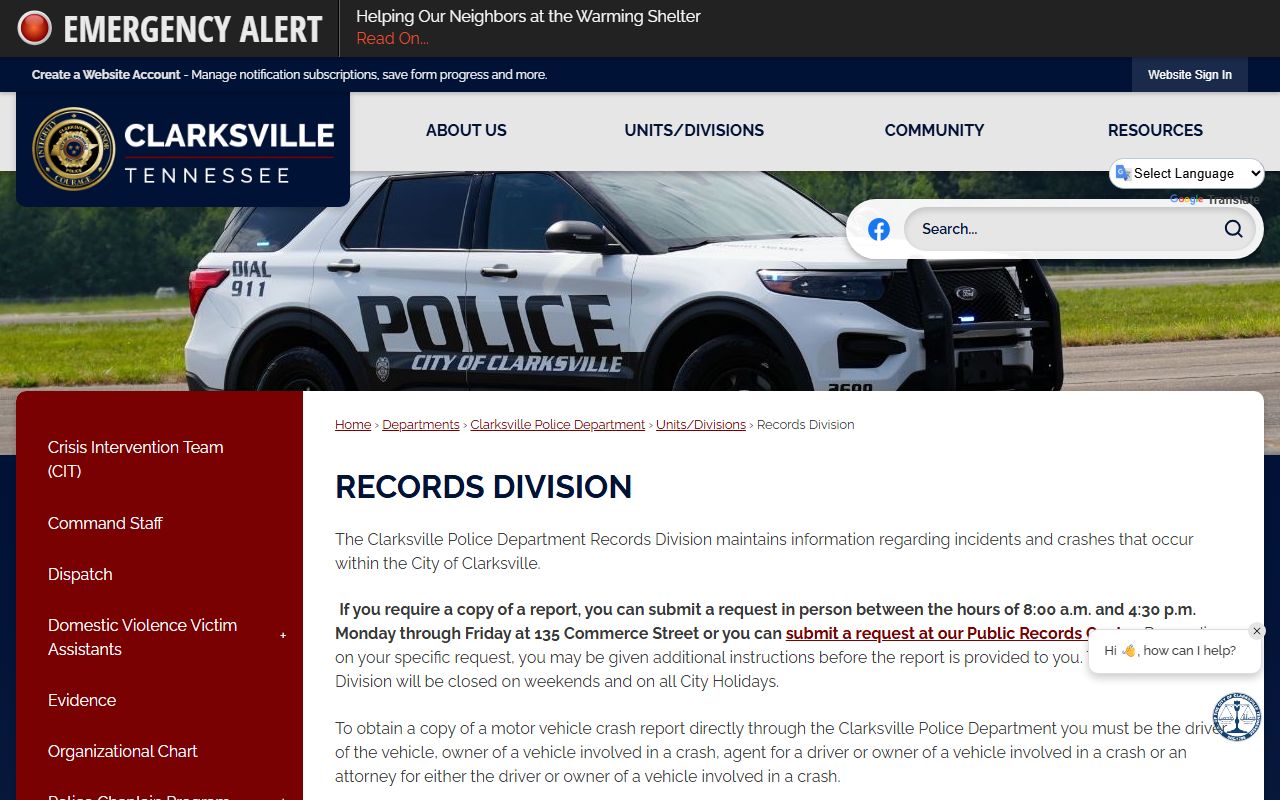 Clarksville Criminal History city records division source