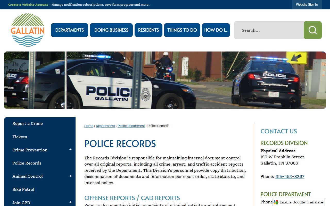 Gallatin Criminal History police records source