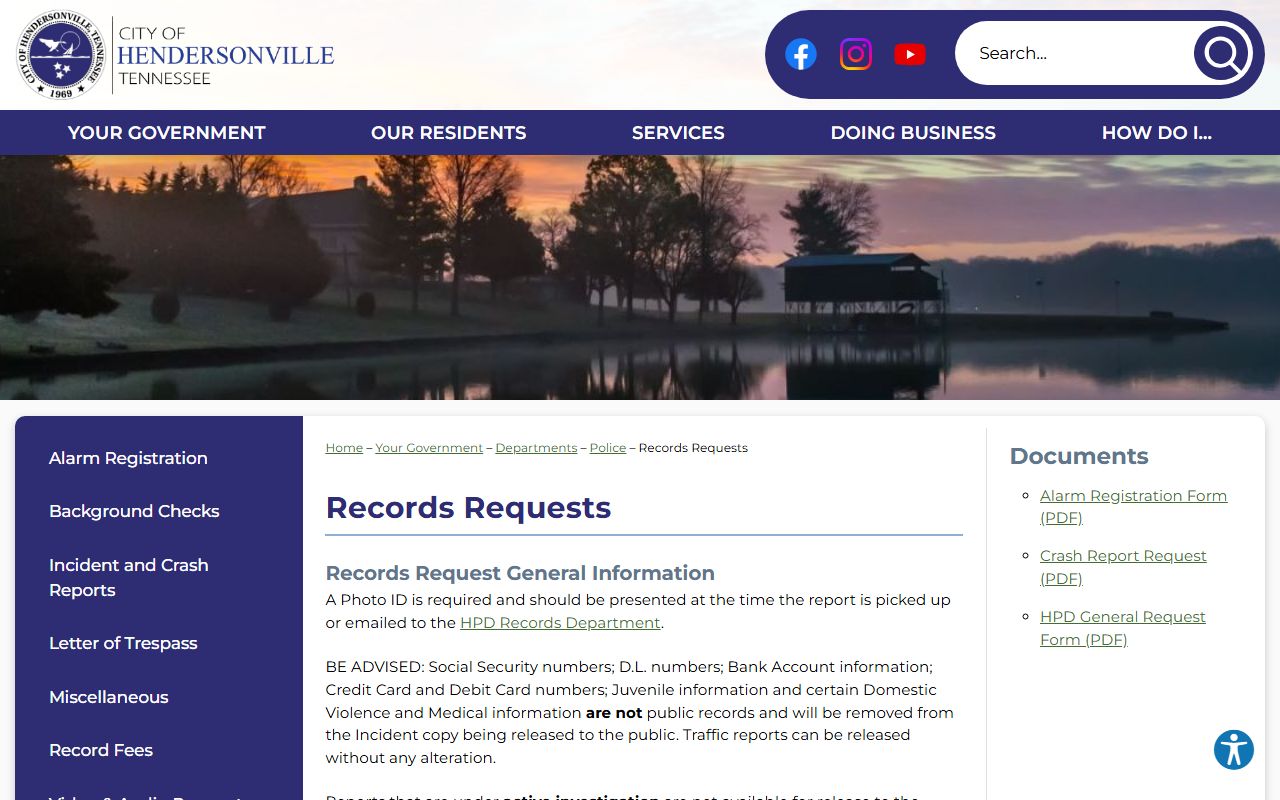 Hendersonville Criminal History records request page