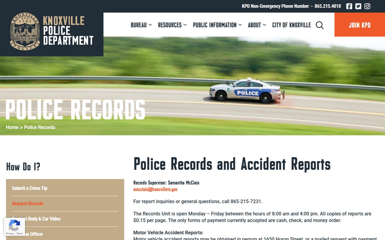 Knoxville criminal history and police records page