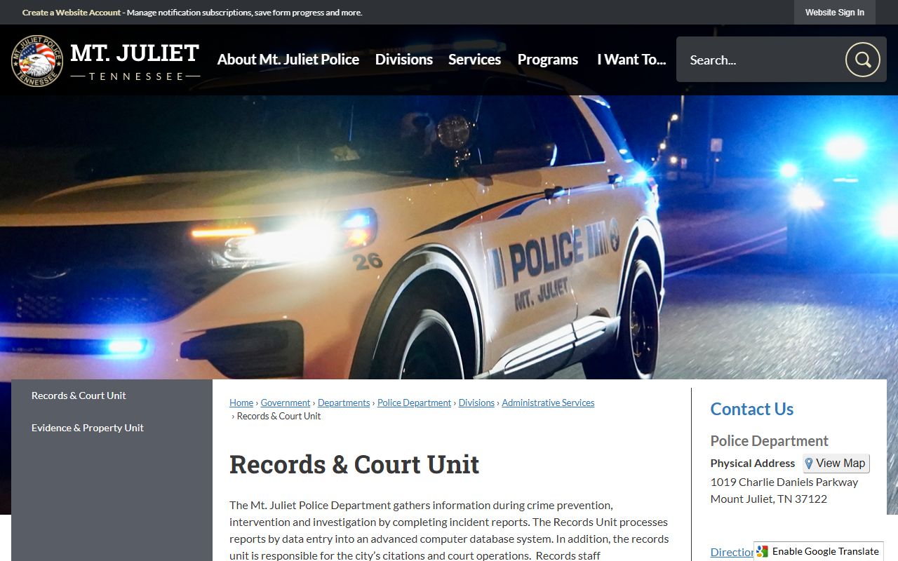 Mount Juliet Criminal History records unit