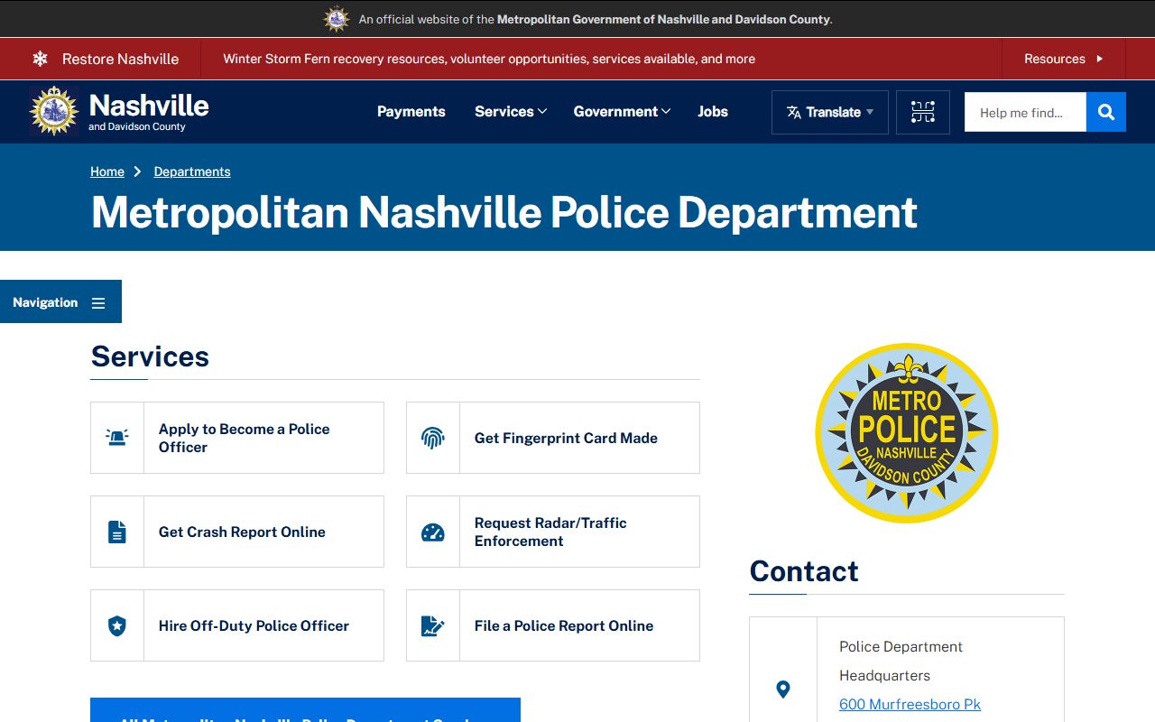 Nashville Criminal History police department resources