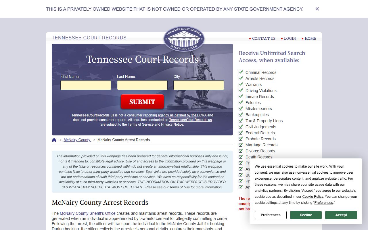 McNairy County Criminal History arrest records source