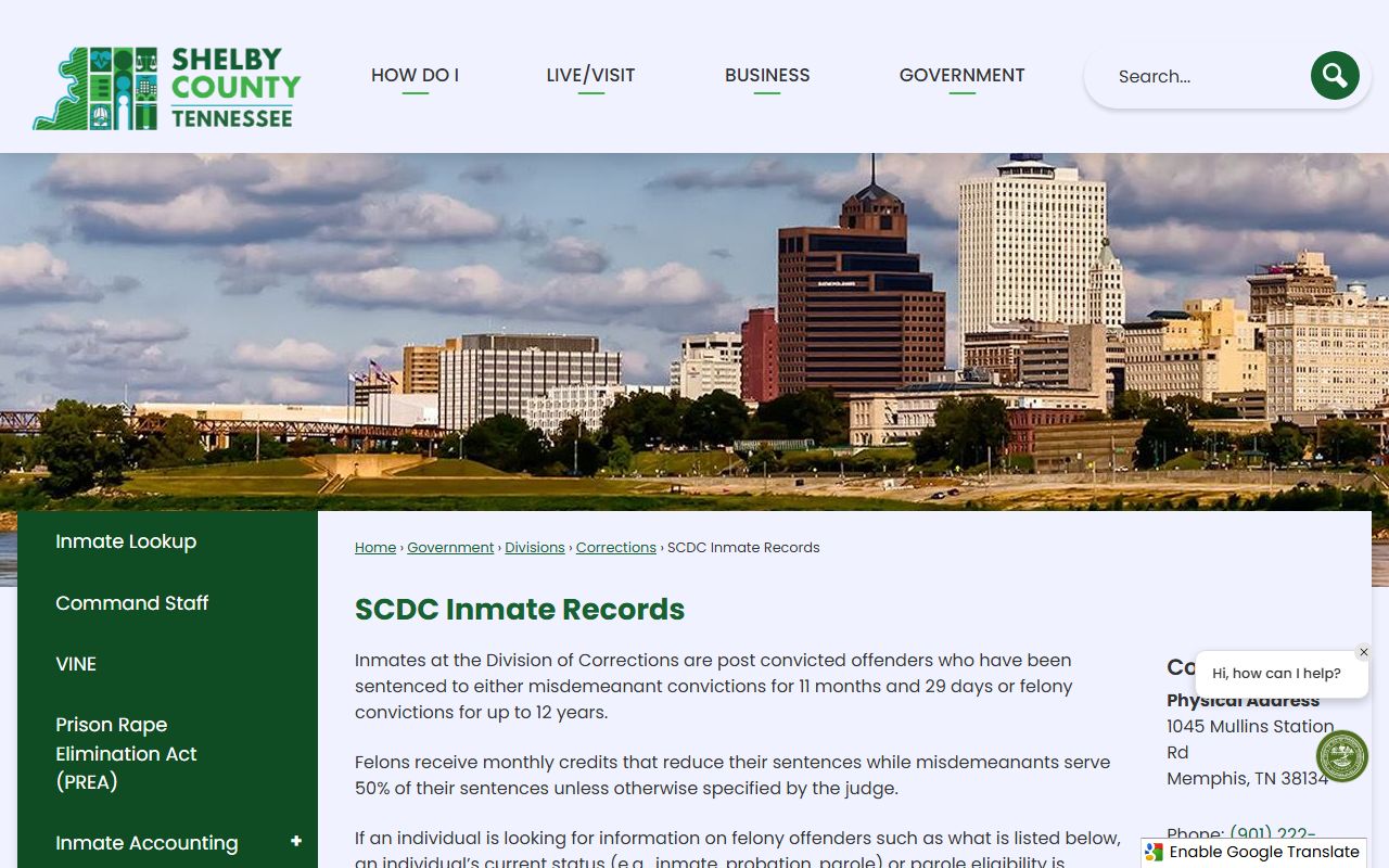 Memphis criminal history and Shelby County SCDC records