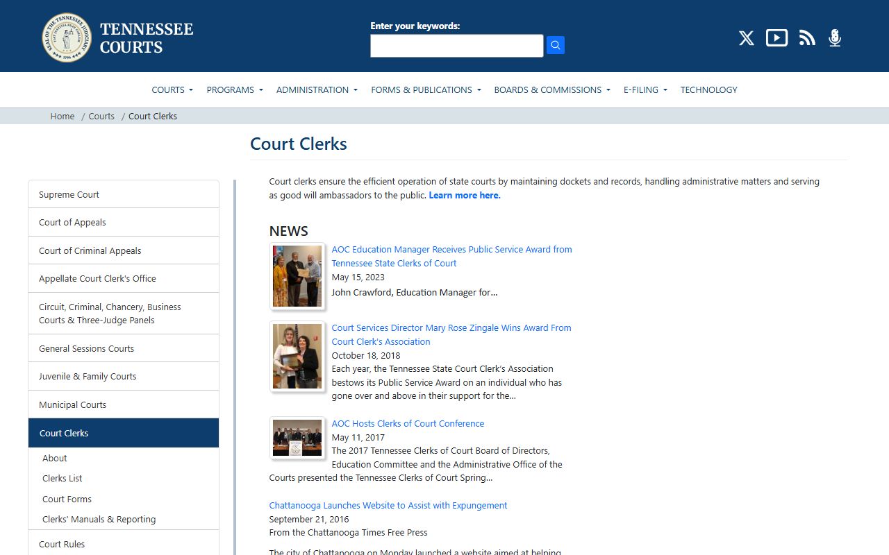 Tennessee Criminal History court clerks information page