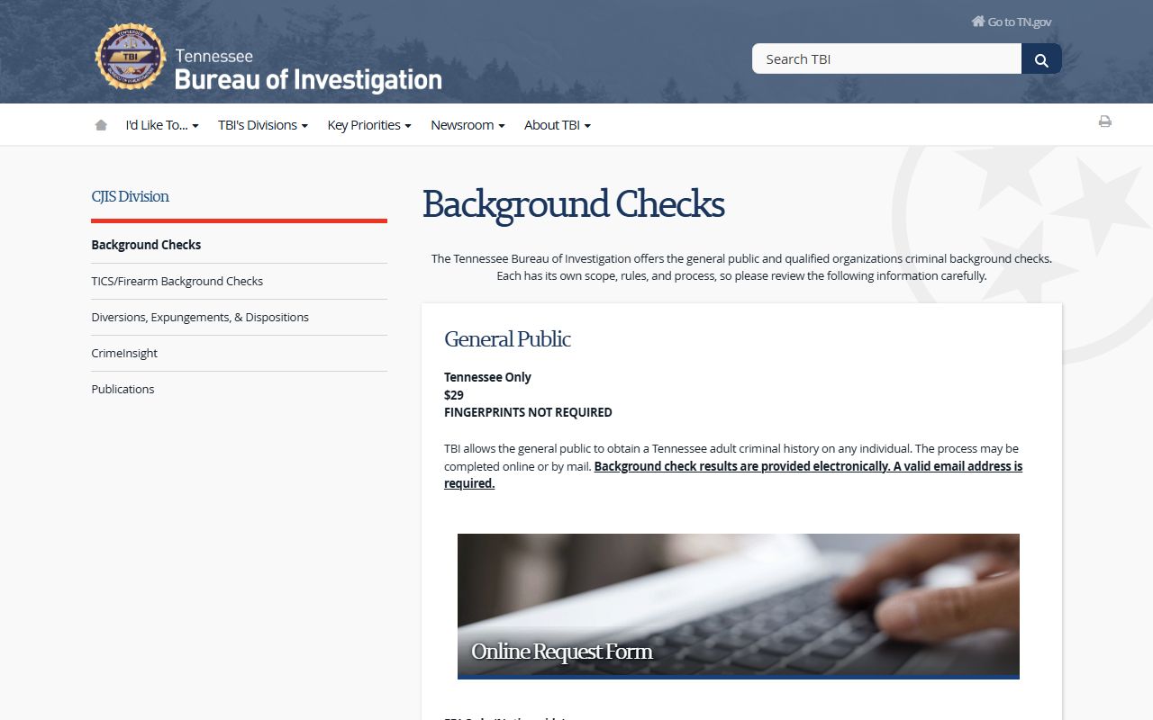 Tennessee Criminal History TBI background checks portal