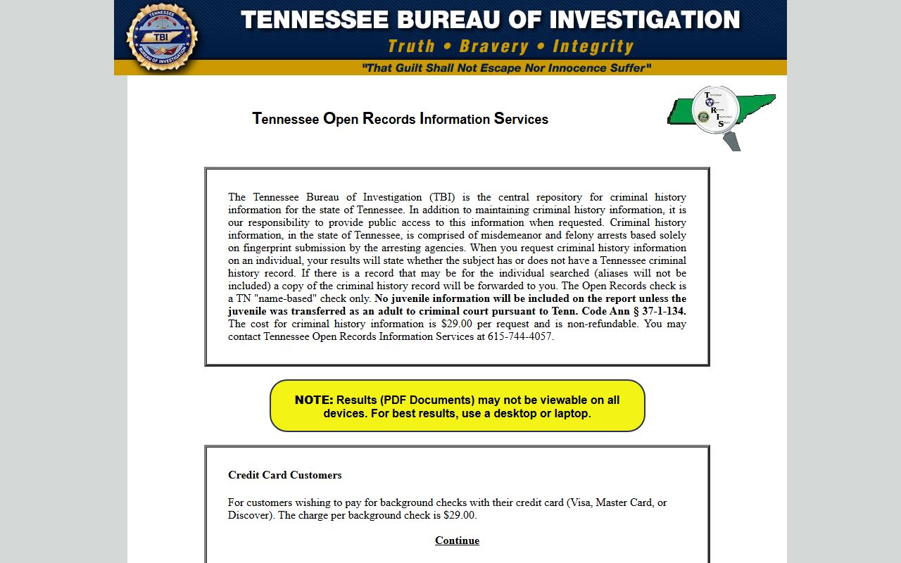Tennessee Criminal History TORIS public search portal